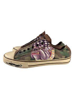 Y2K VTG Ed Hardy Mens Camo Brown  Bulldog Sneakers Slip On Tattoo Skater Sz 10